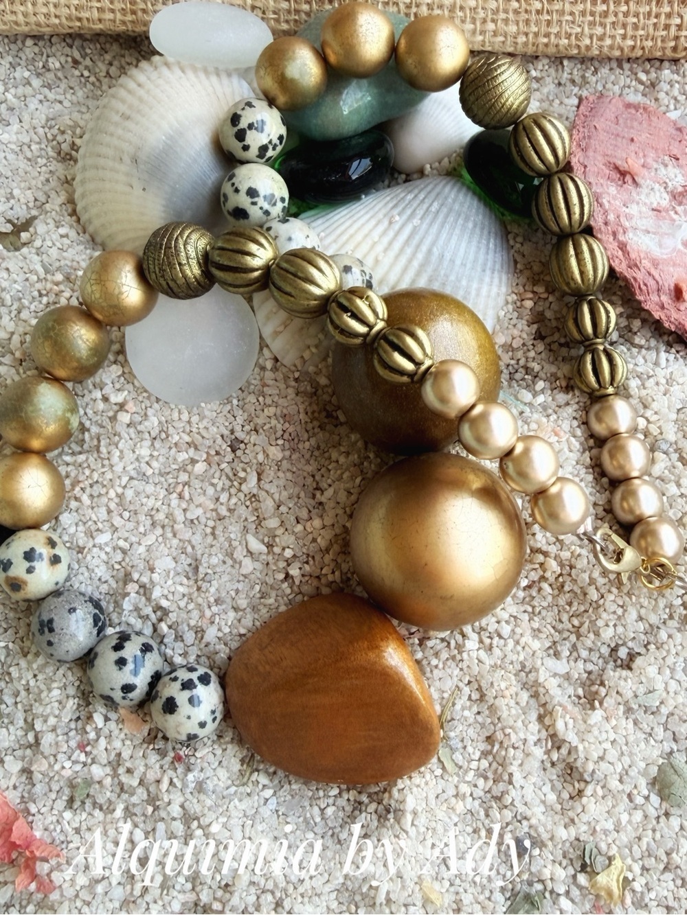 Brutalist Gold and Tan Mixed-Bead Statement Necklace